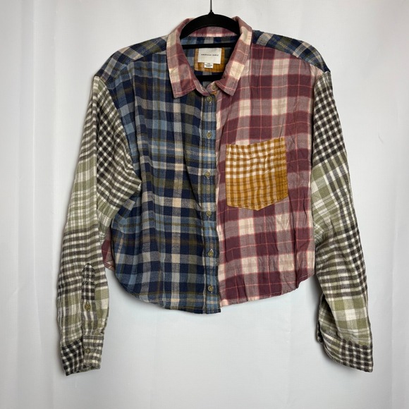 American Eagle By Payless Tops - American Eagle Patchwork Plaid Flannel Cropped Shirt Womens Size L Long Sleeve
